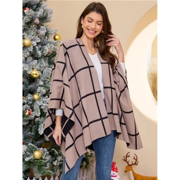 Womens Shawl Wrap Poncho Cape Open Front Cardigan Winter Fall Layered Fashion - Picture 5 of 7